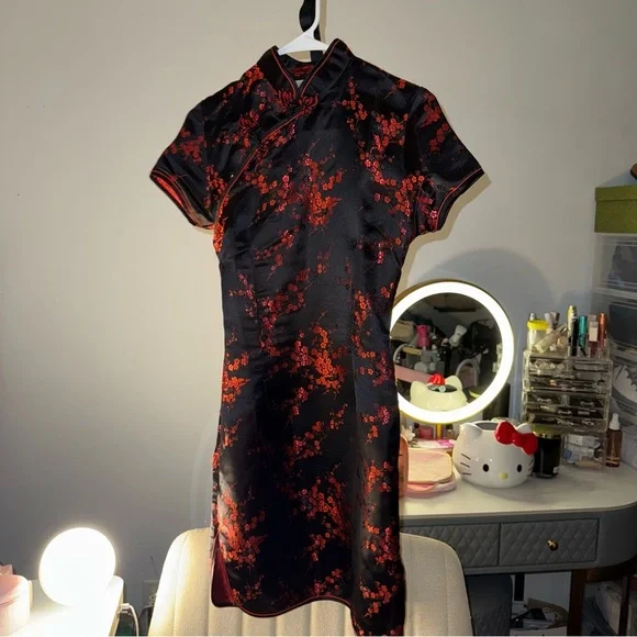Chinese Mini Black and Red Floral Dress - Picture 10 of 12